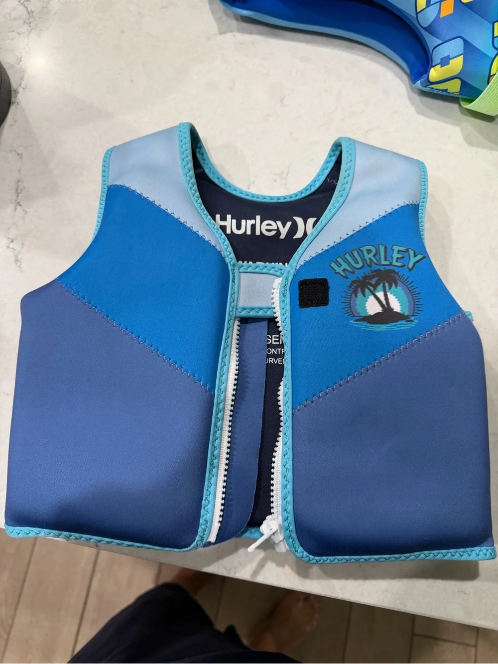 Hurley Kids Neoprene Swim Vest Blue Zip Front Palm Tree Water Safety Float Vest